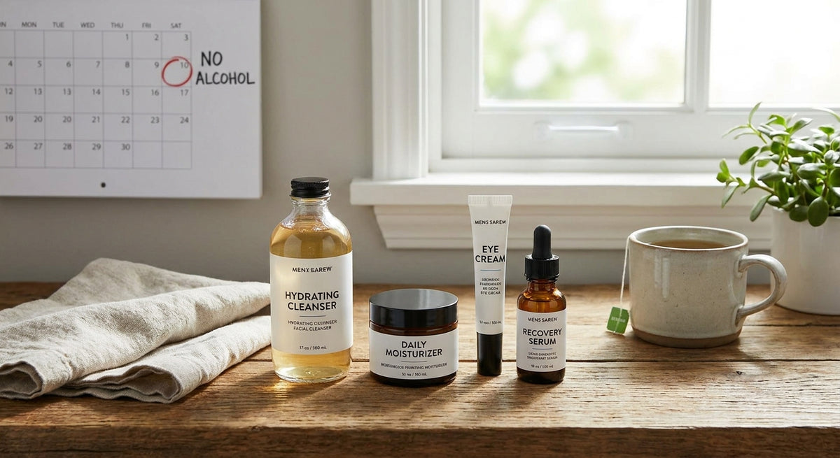Skincare set for men starting a no-alcohol month for their skin